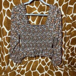 Japna Floral Smocked Long Sleeve Square Neck Peplum Top